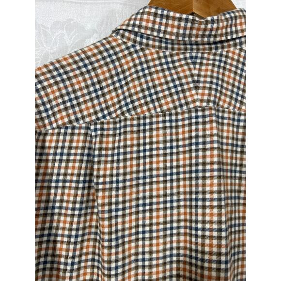 J McLaughlin Flannel Shirt Large Brown Plaid Gingham Trim Fit - Picture 9 of 11